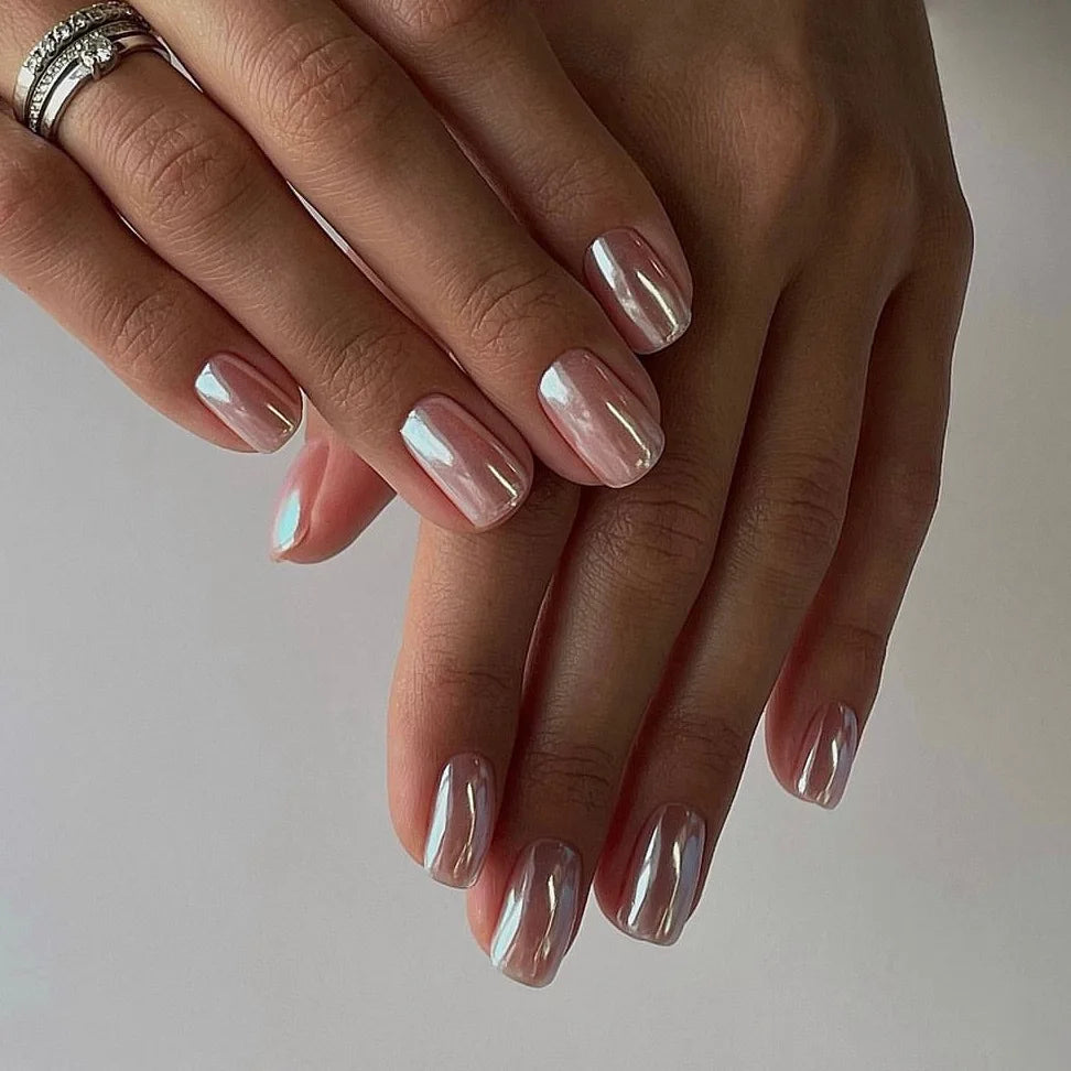 24pcs Aurora White French Press on Nails Short Sqaure Chrome Fake Nails with Glue Metallic Designs Artificial False Nail Tips