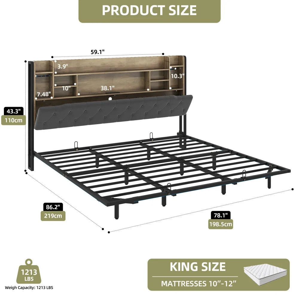 King Size Bed Frame Storage Headboard Include Smart LED Lights, Plug in Port, Easy Assembly, Bedroom Furniture Gray King Beds