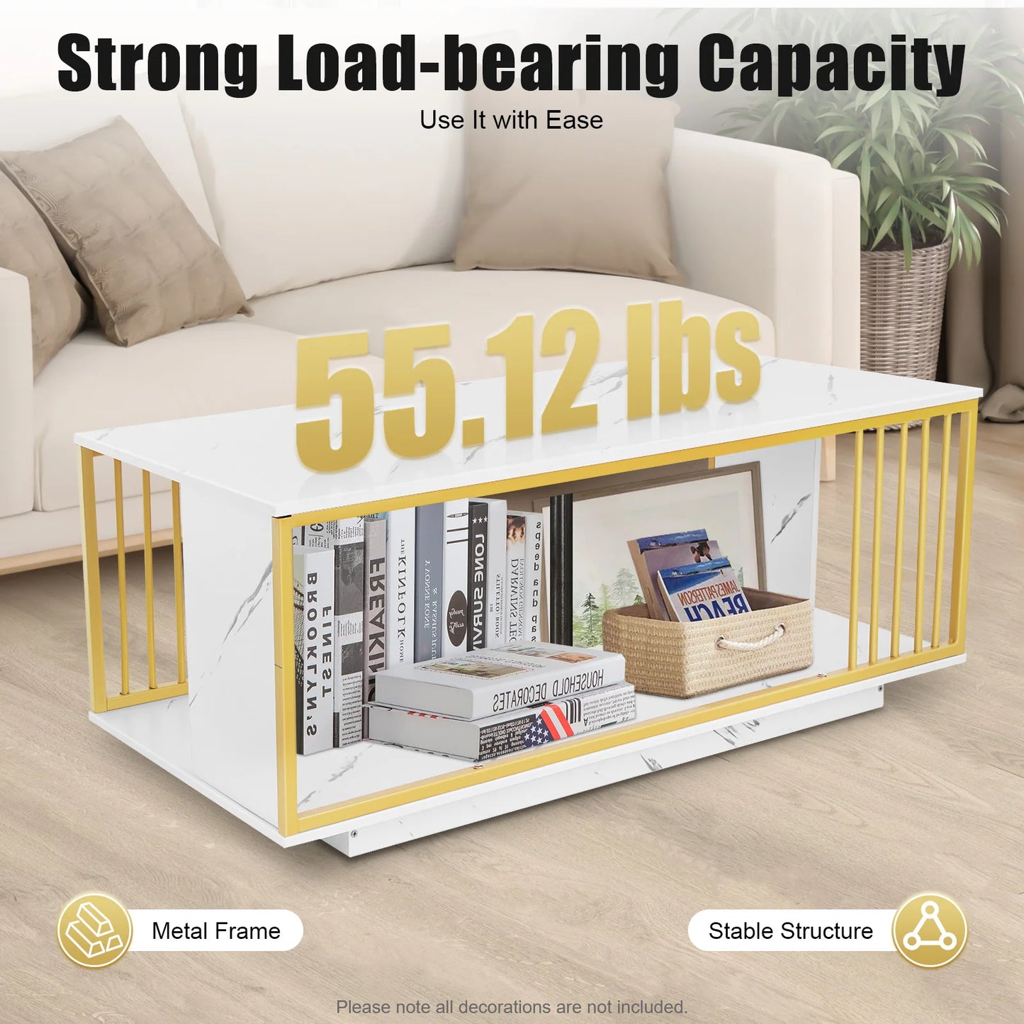 Modern Two-Tier Coffee Table with Marble Pattern, Gold & White Rectangular Living Room Tablem, 25kg Load Capacity, Easy Assembly