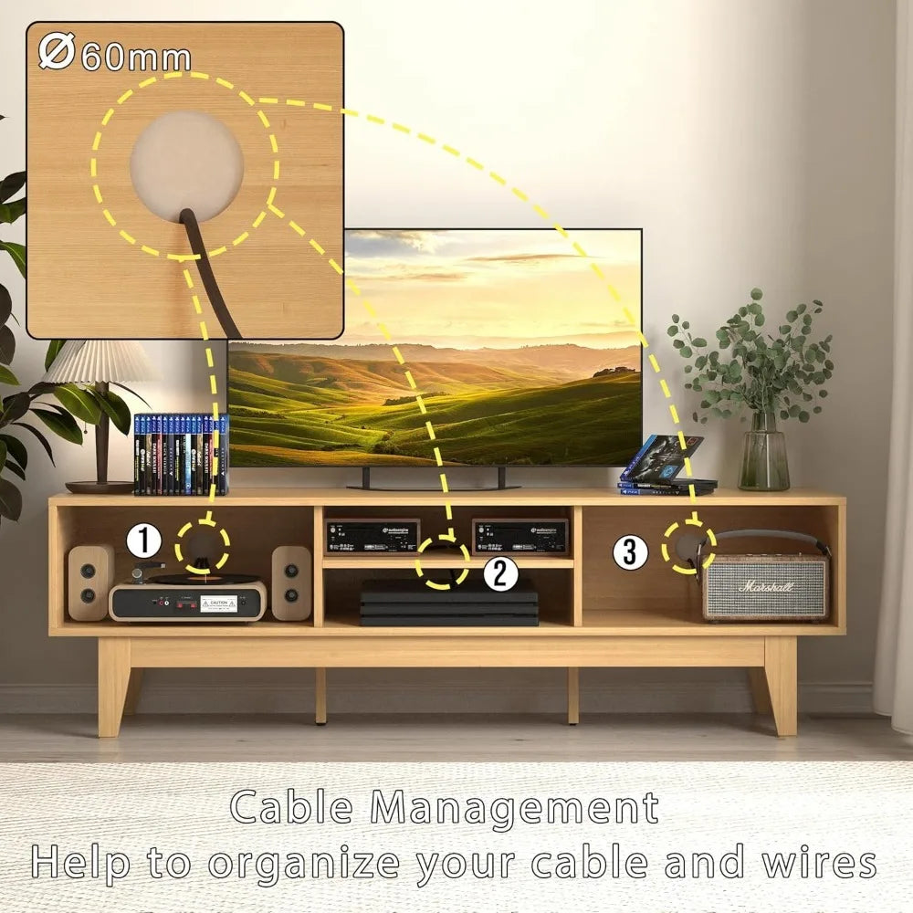 TV Stand for 55 65 Inch TV, Rattan Entertainment Center with Shelves, Cabinets and Sliding Doors, TV Media Console Table