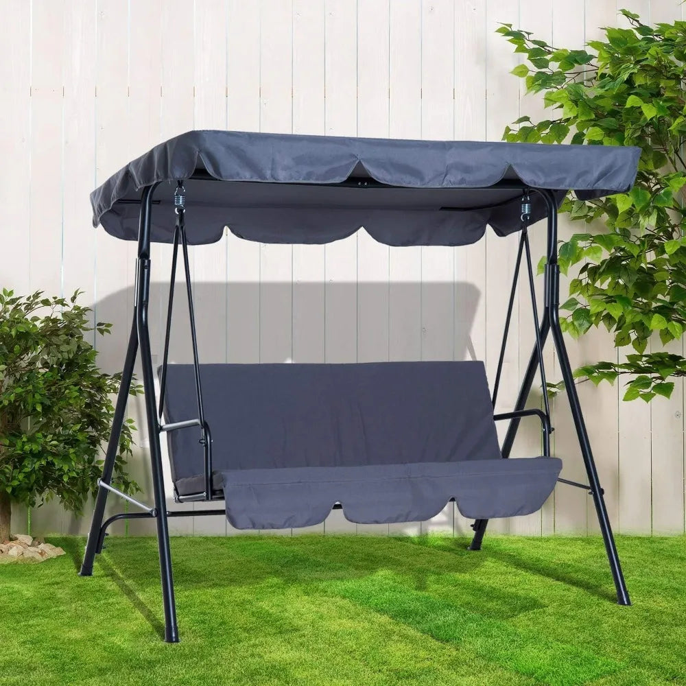 Garden Swing Chair, 3 Seater Canopy Swing Chair Garden Rocking Bench Heavy Duty Patio Metal Seat W/Top Roof, Patio Swing Bench