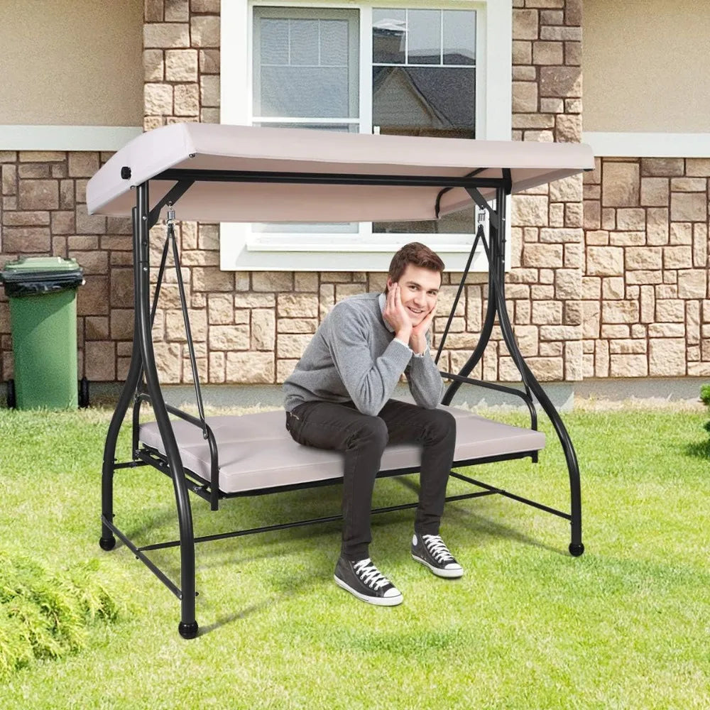 Garden Swing Chair, with Adjustable Canopy and Cushions, Outdoor Patio Hammock Convertible Bench, Patio Swing Bench