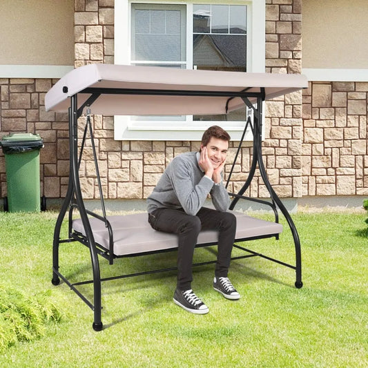Garden Swing Chair, with Adjustable Canopy and Cushions, Outdoor Patio Hammock Convertible Bench, Patio Swing Bench