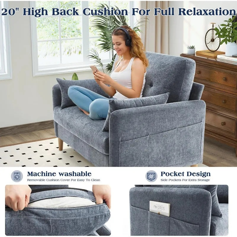 Hanherry Loveseat Sofa, 47” Small Couch for Living Room, Comfy Chenille Fabric Love Seat for Bedroom with Throw Pillow