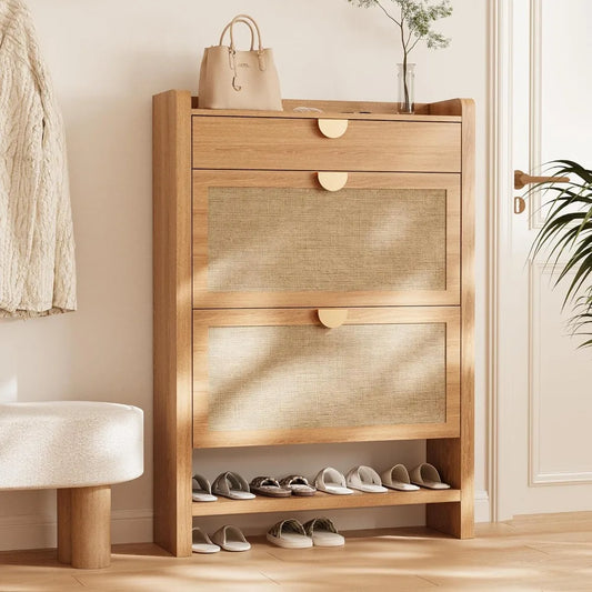 Rattan Storage Cabinet, Shoe Organizer with 2 Flip Drawers, Narrow Shoe Cabinet, Free Standing Hidden Shoe Storage