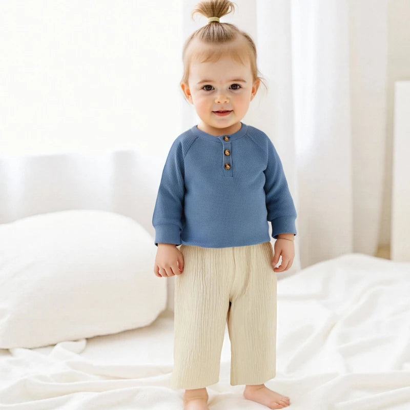 Infant Toddler Boy Autumn Outfit Solid Color Long Sleeve Waffle Knit Pullover Shirt Round Neck Casual Top for Fall