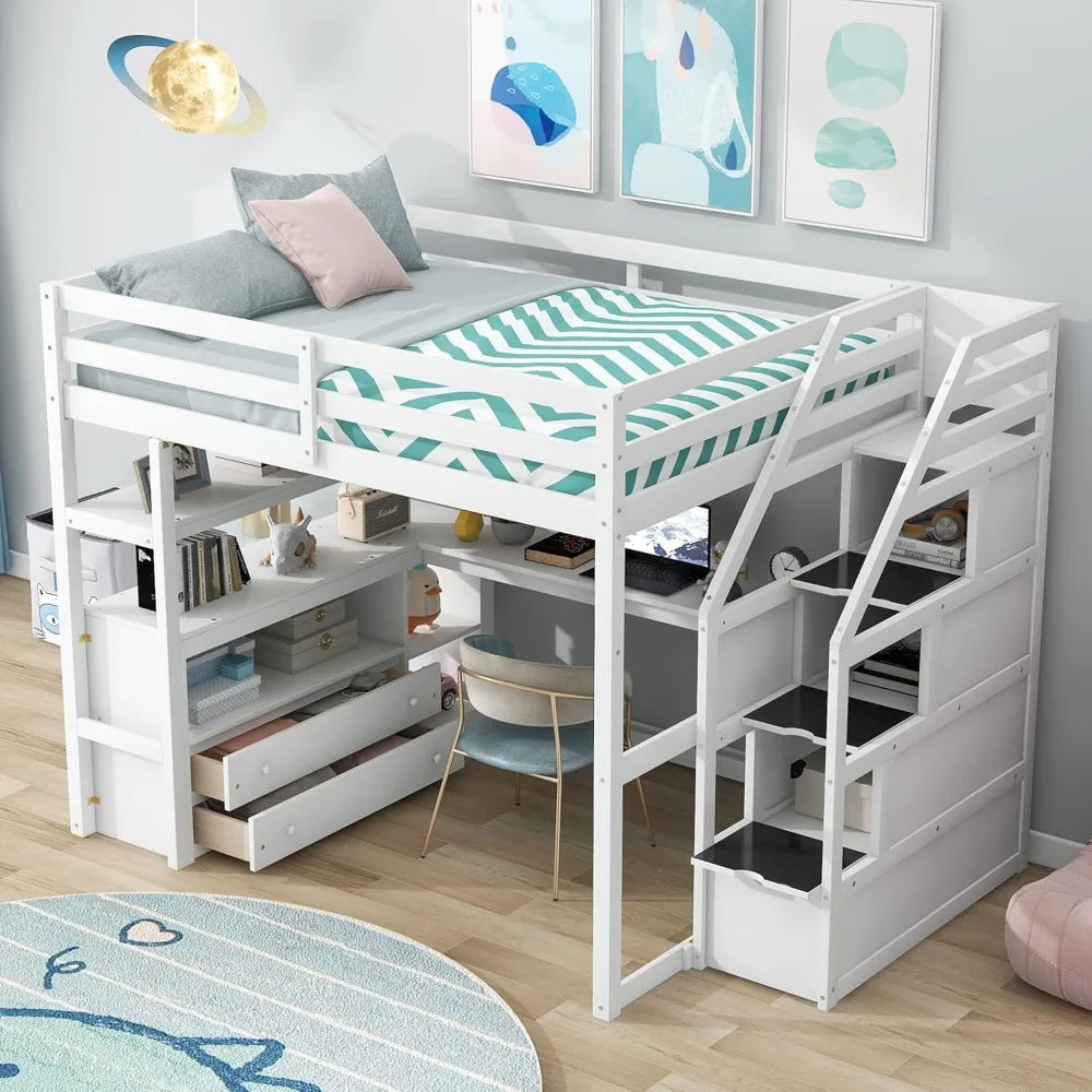 Harper & Bright Designs Full Size Loft Bed Frame with Stairs and Desk, Solid Wood Loft Bed with Storage Drawers and Bookshelf fo