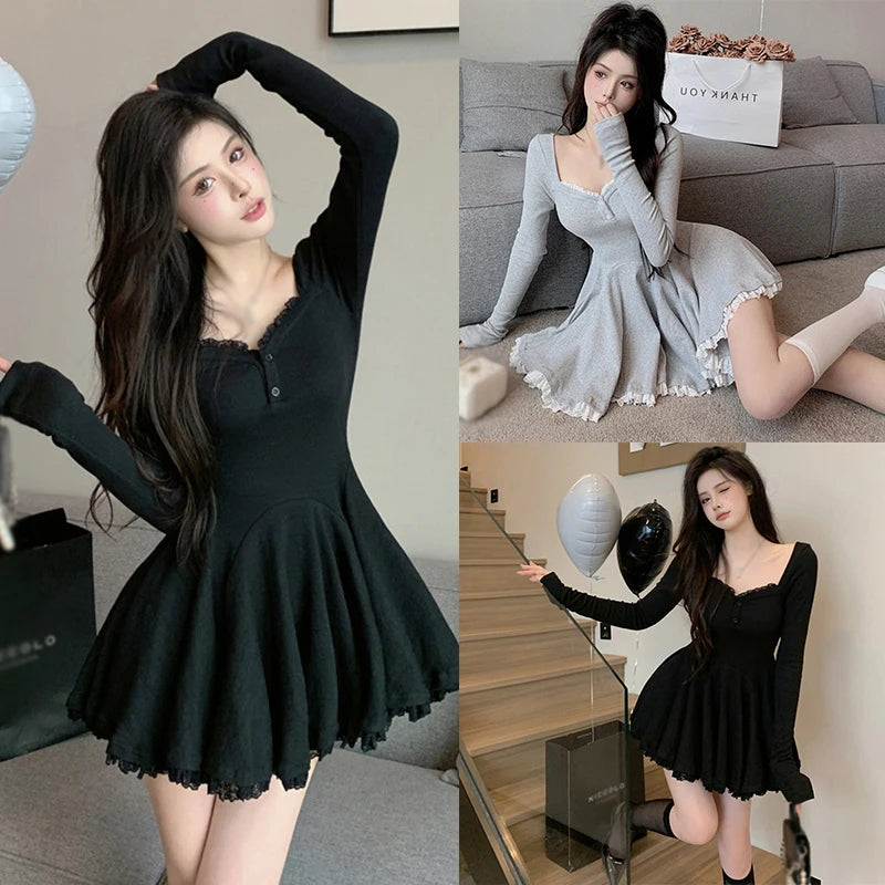 Women Sexy Korean Dress French Style Waist Closed Long Sleeve Collarbone Exposed Sweet