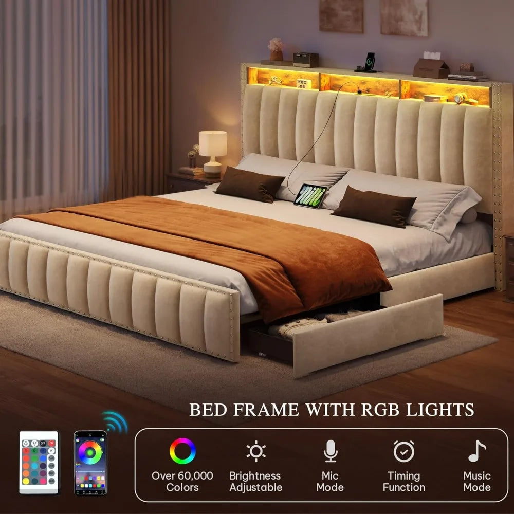 Queen Size Bed Frame with 4Storage Drawers and RGB LED Lights, Velvet Upholstered Platform Bed with Charging Station and Storage