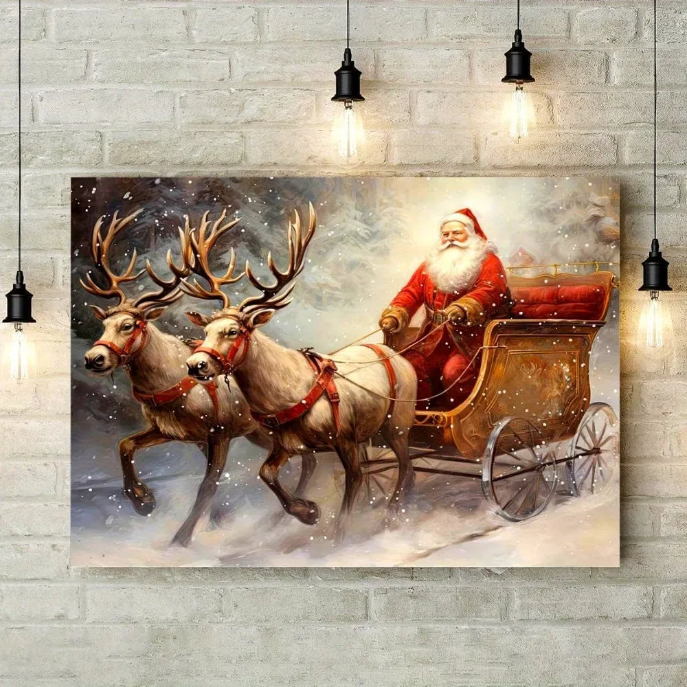 Unique Santa & Reindeer Frameless Canvas Art Print, Waterproof Classic Modern Ink Painting for Indoor Outdoor Home Office