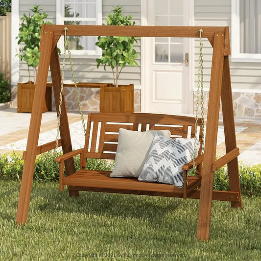 Garden Swing Chair, Hardwood Hanging Porch Swing with Stand in Teak Oil, Natural, Patio Swing Bench
