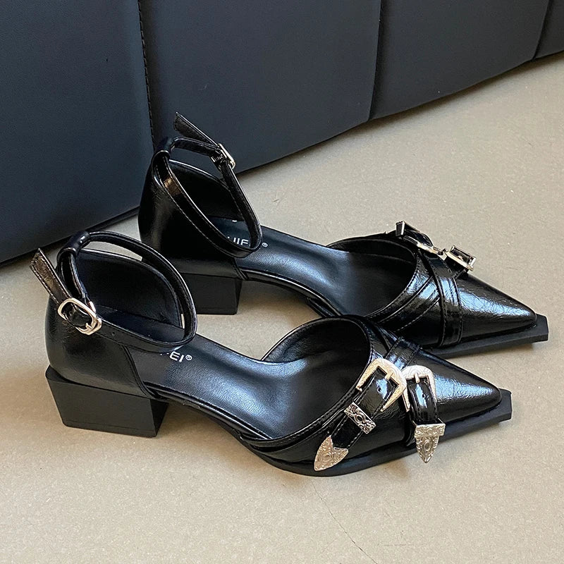 Women High Heels Shoes Ladies Sandals 2025 Pointed Toe Shallow Footwear Thick-Heeled Female Ankle Strap Shoes Fashion Pumps