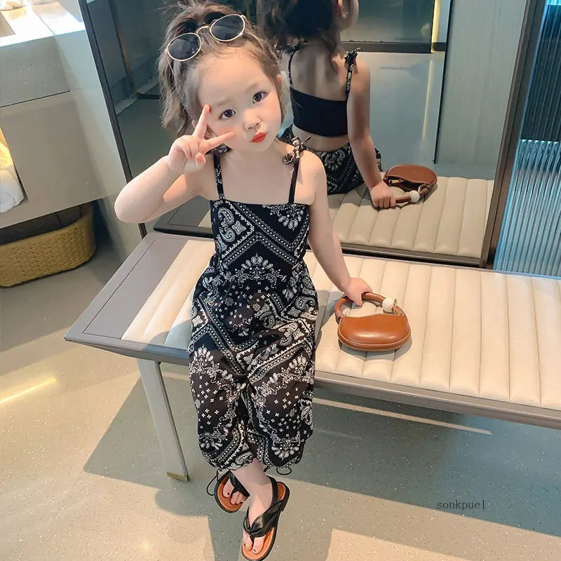 3-6Years Summer Suit Thin Girls Suit Suspender Mosquito-proof Pants Two Pieces of Cute Girl Children's Clothes