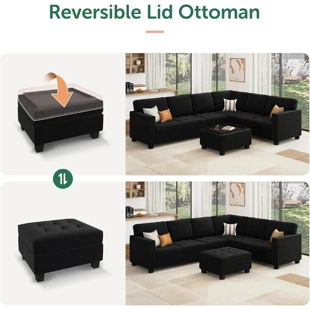 Velvet Convertible Sofa L Shaped Couch with Storage Ottoman Corner Sectional Couch with Reversible Chaise, Sofa Living Room