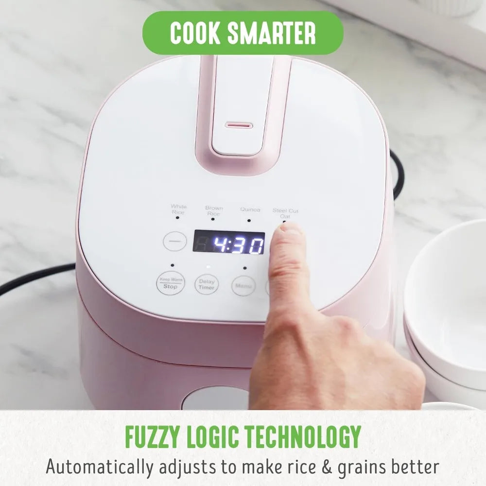 Digital Rice Cooker, 2 Cups Uncooked/4 Cooked Rice, Healthy Cooking, Auto Presets & Keep Warm, Touchscreen, Pink