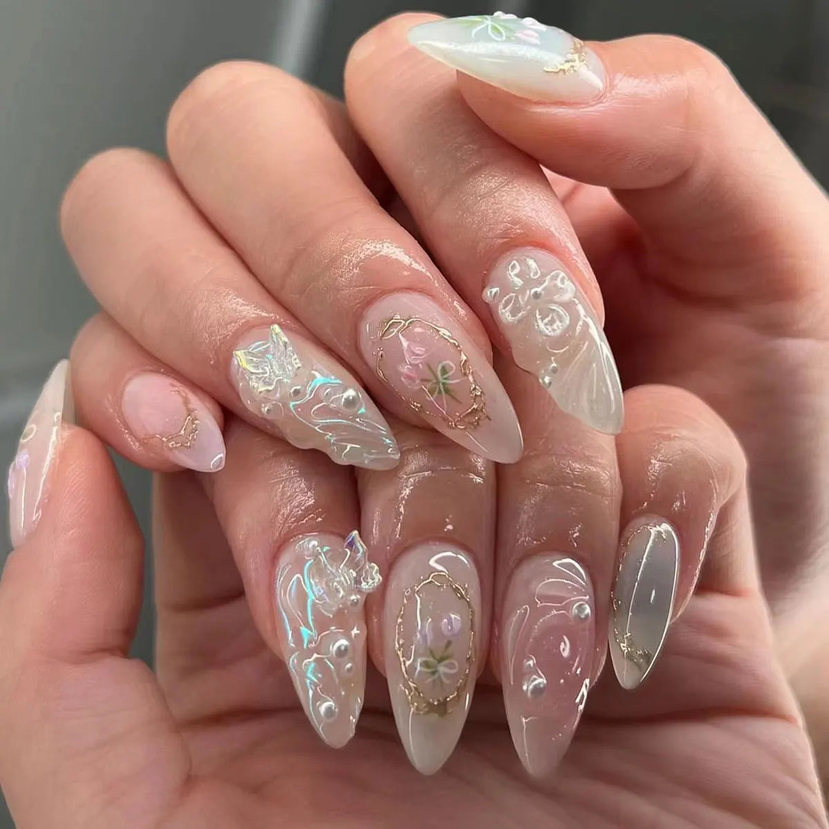 24pcs Aurora Nude Pink Press on Nails Almond Acrylic Sweet Fake Nails with 3d Charms Butterfly Florals Full Cover Flower Nails