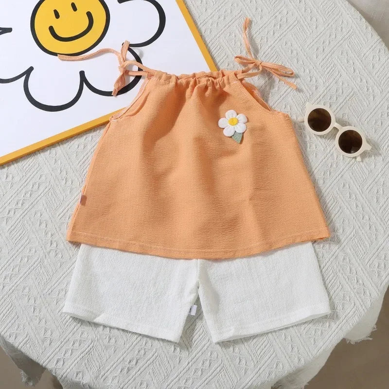New Girl Set Summer New Korean Fashionable Floral Vest Shorts Daily Wear Two-piece Set Kids Clothes Girls