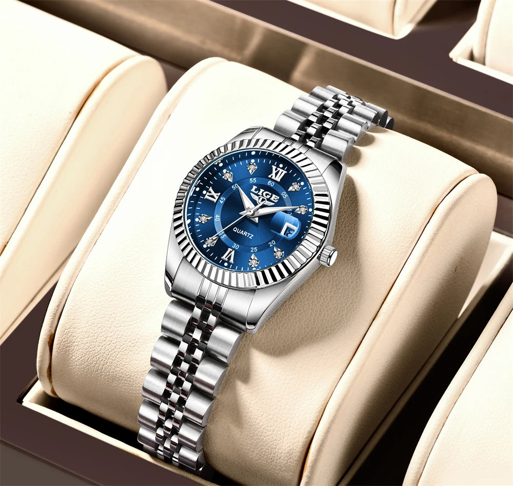 LIGE Fashion Woman Watch Stainless Steel Waterproof Auto Date Elegant Ladies Wristwatch Luxury Original Quartz Watch for Women