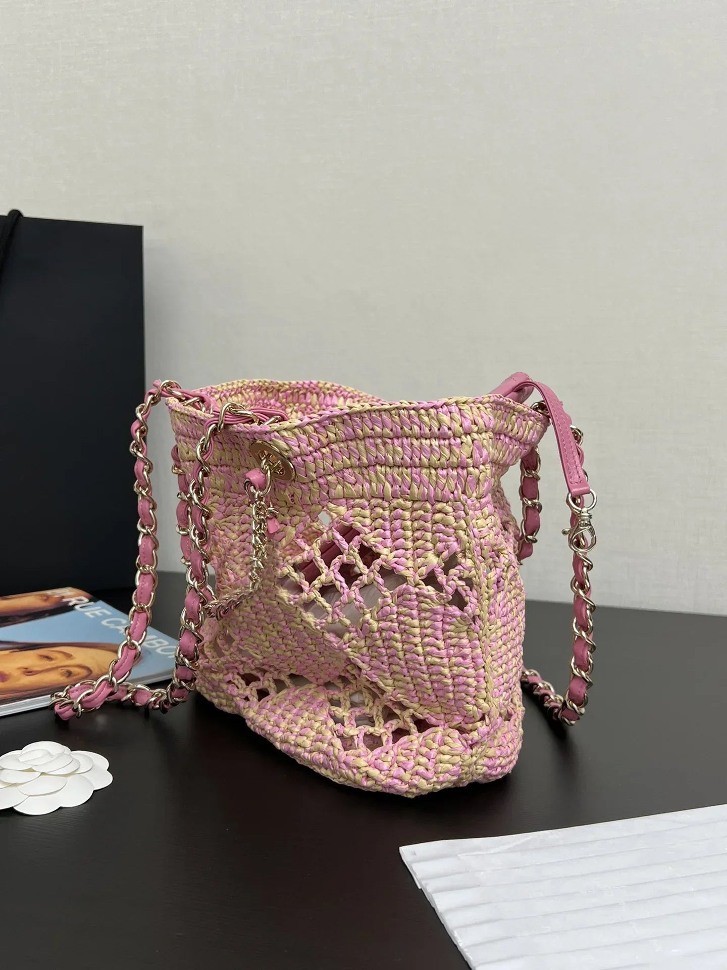 Raphia Woven Bag Fashion 2024 Women Hollowed Out Raphia Woven Beach Chain Shoulder Bag Crossbody Bag Handbag