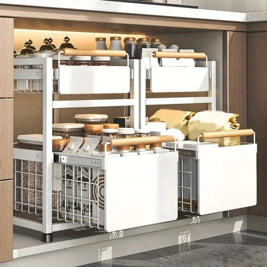 Kitchen Pull-out Basket Shelf Multifunctional Under Sink and Under Vanity Double Storage Shelf Save Space For Storage Items