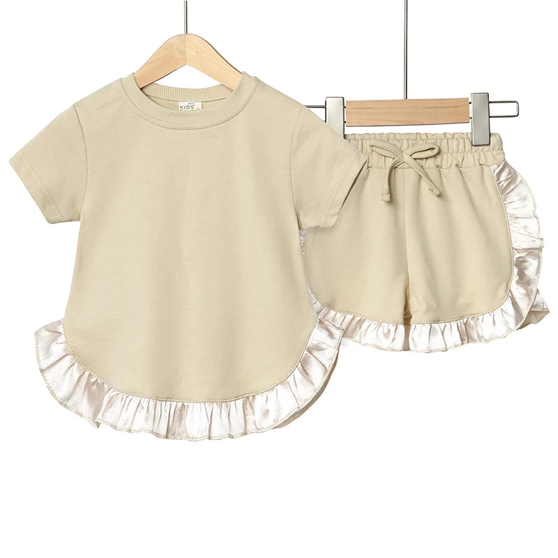 2025 Kids Girls Summer Outfits Solid Cotton T-shirt+Shorts Toddler Teenager Lounge Suit For 9M-7T Casual Girl Breathable Clothes