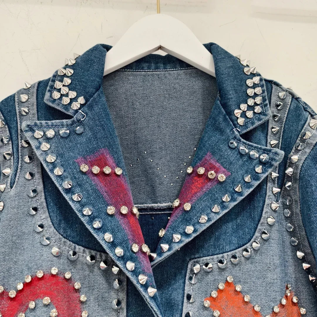 Women Spring Hand Painted Graffiti Diamonds Beaded Denim Jacket Loose Rivets Jeans Coat Turn Down Collar Cowboy Cardigan Tops