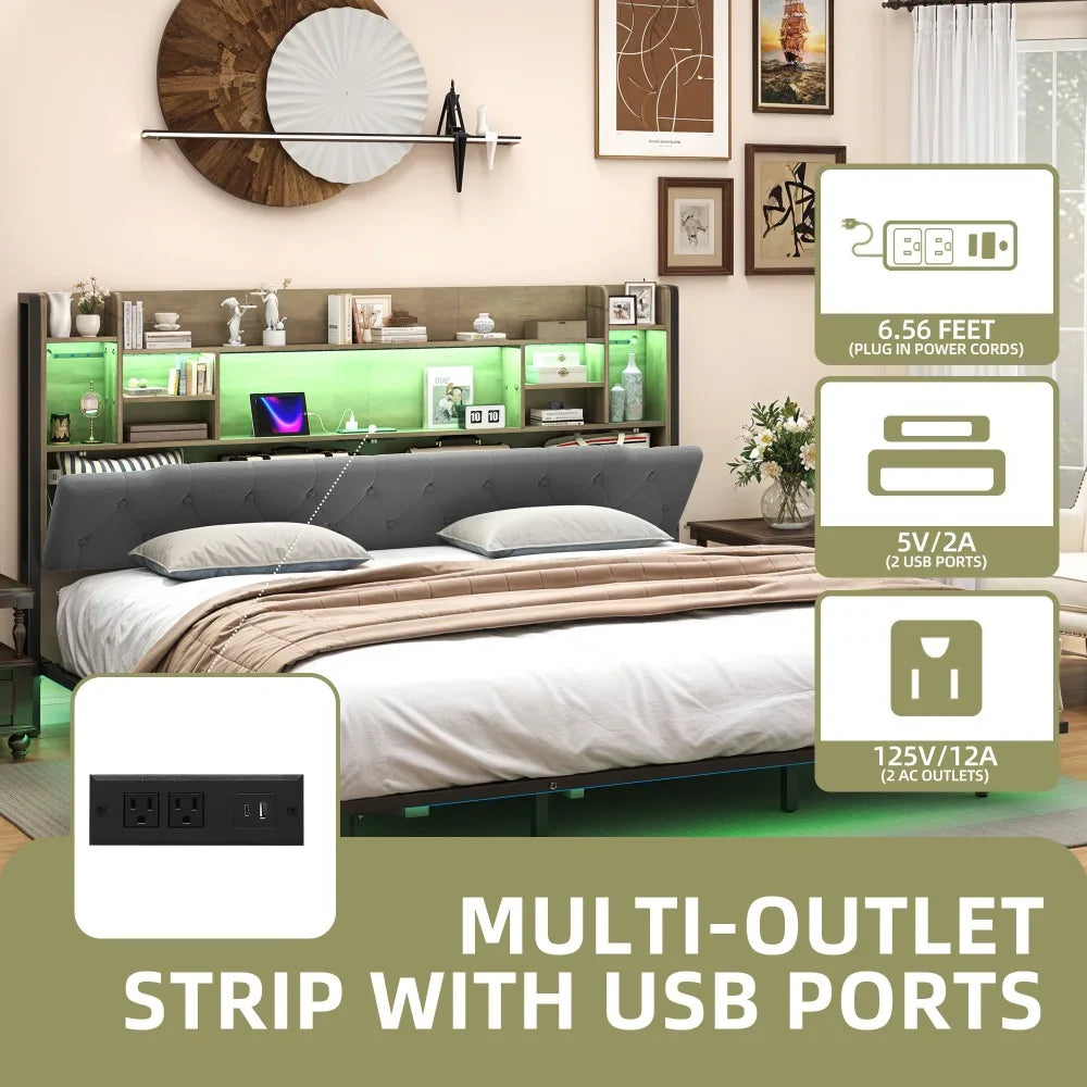 King Size Bed Frame Storage Headboard Include Smart LED Lights, Plug in Port, Easy Assembly, Bedroom Furniture Gray King Beds