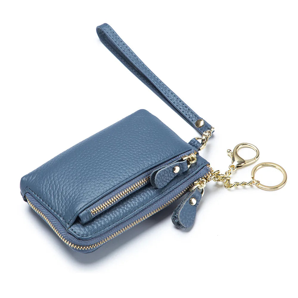 Mini Genuine Leather Women's Lychee Pattern Wallet Zipper Around Card Coin Purse with Detachable Wrist Strap Handbag
