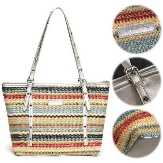 Women Color Straw Tote Handbag Large Capacity Weaving Travel Bag Patchwork Simple Shoulder Bag Ladies Summer Daily Bag