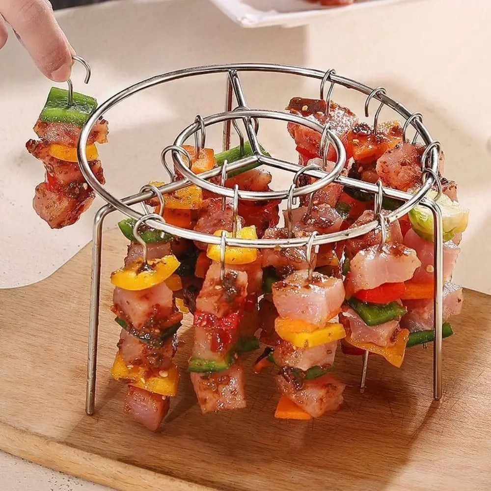 Stainless Steel Air Fryer Grill Round with Grilled Skewers Hanging Skewers Rack Vertical Grill Rack for Home Kitchen Outdoor