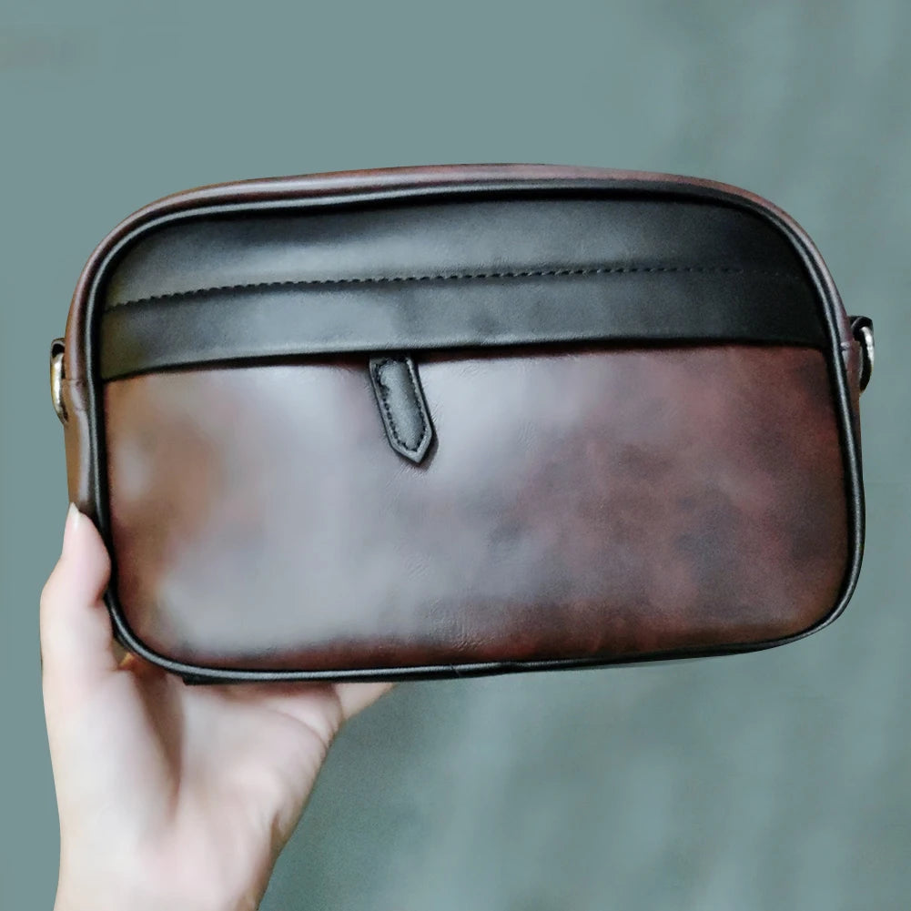 Leather Fashion Crossbody Bag Classic Pattern Casual Business Men Shoulder Crossbody Bag Wide Strap Small Square for Travel Work