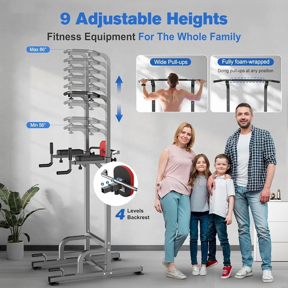 Power Tower Dip Station Pull Up Bar Multi Function Home Gym Strength Training Equipment Adjustable Height Fitness Workout
