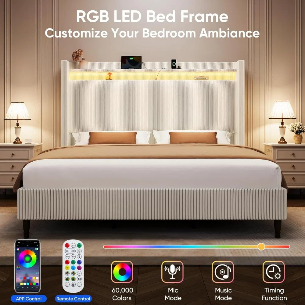 King Size Bed Frame with Tall Headboard, 55.3" Corduroy Upholstered Platform Bedframe with LED Lights & Charging Station
