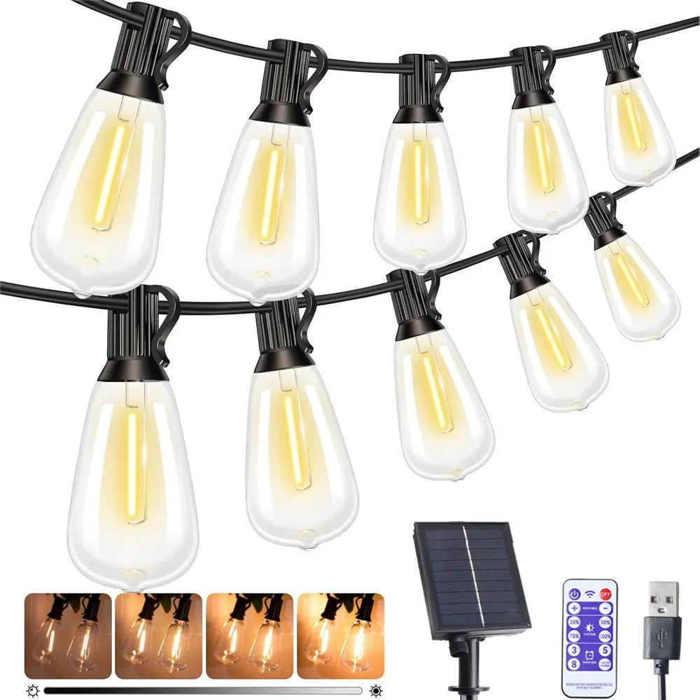 LED ST38 Solar String Lights for Outside, USB & Solar Dual Charging Outdoor String Lights for Porch Garden Camping