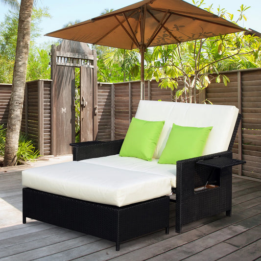 Outsunny 2 Seater Assembled Garden Patio Outdoor Rattan Furniture Sofa Sun Lounger Daybed with Fire Retardant Cotton - Black