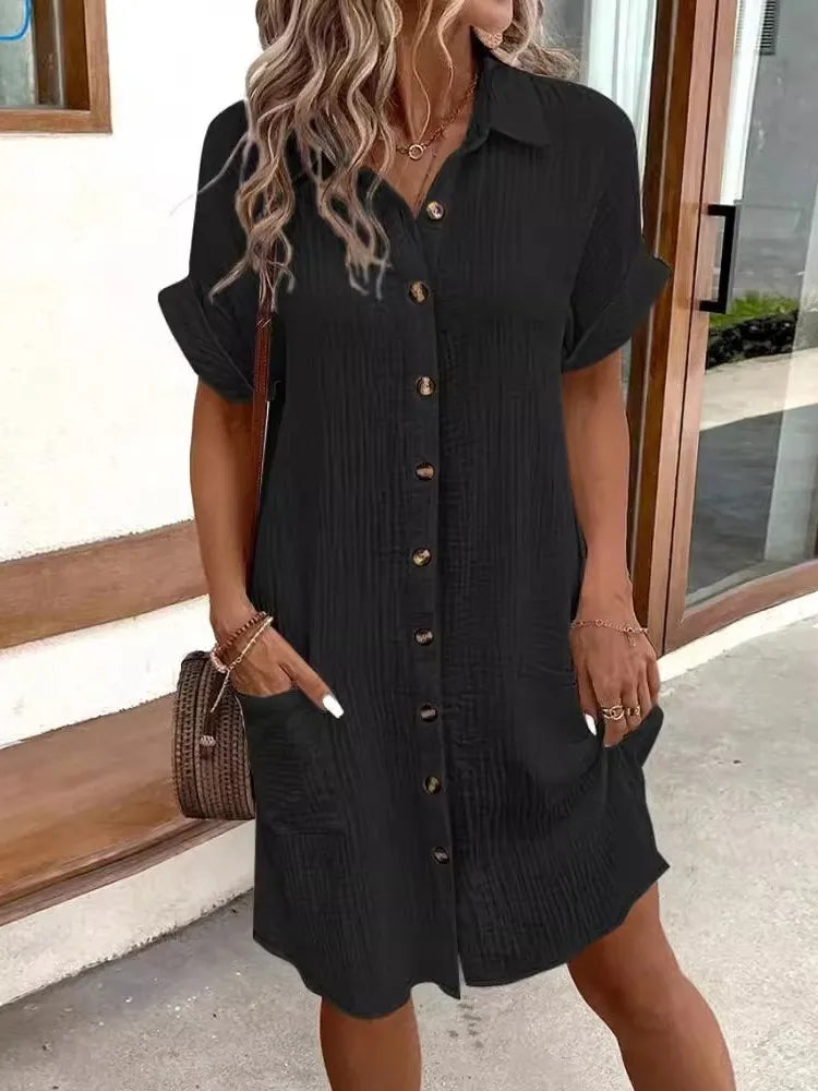 2024 Summer Women's New Fashionable Simple Sexy V-neck Button Single Breasted Short Sleeve With Pocket Dress Women's Wear