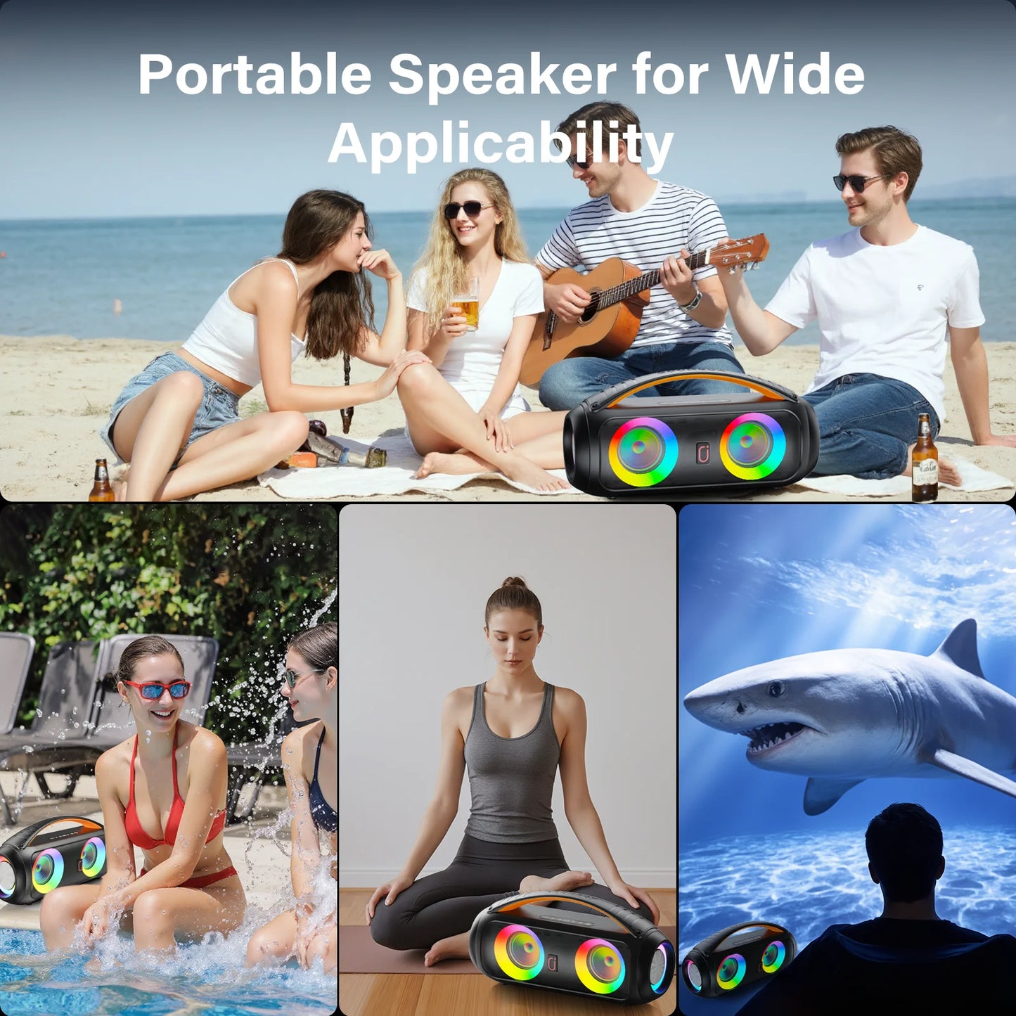 Portable Bluetooth Wireless Speaker, Loud Boombox Speaker with Subwoofer, Powerful Deep Bass Stereo Sound, IP65 Waterproof