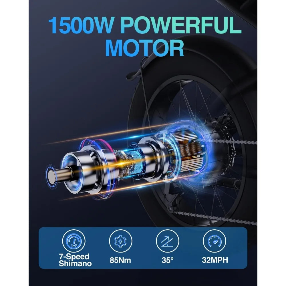 Electric Bike, 1500W 30MPH,48V 20/23AH,Max 75Miles Electric Motorcycle 20" Fat Tire Dirt Bike,7-Speed E-Bike Dual Shock Absorber