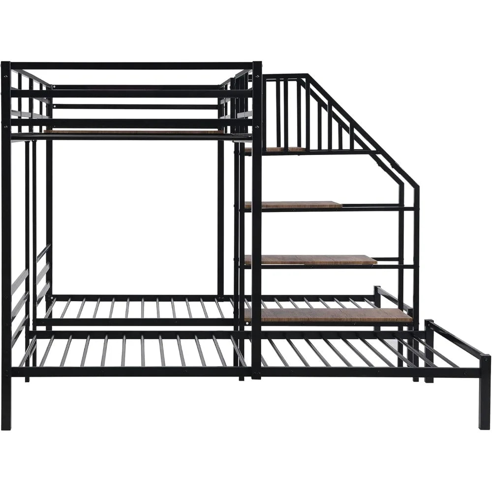 Harper & Bright Designs Metal Triple Bunk Bed with Stairs, 3 Beds Bunk Bed & Twin Over Twin Bunk Bed with Storage Shelves Stairc