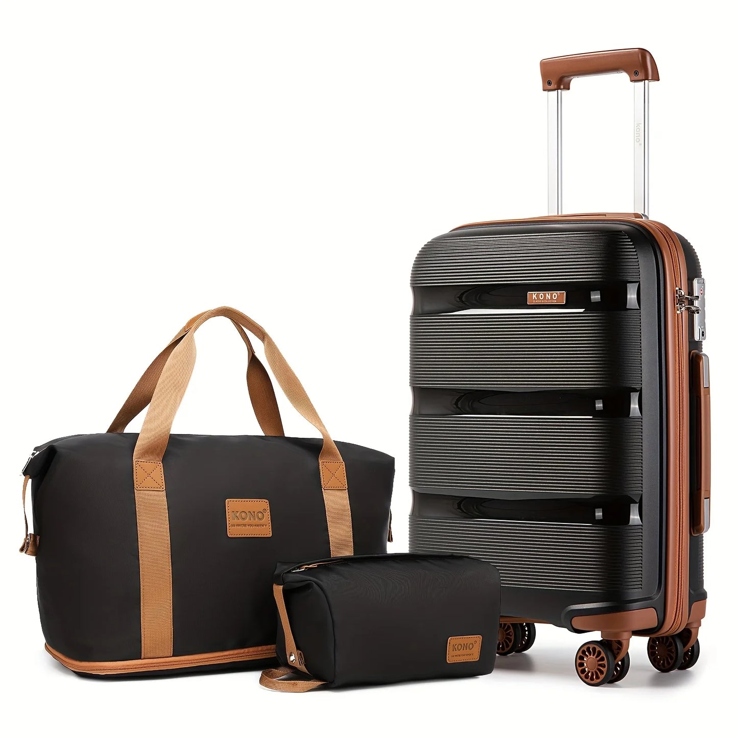 Kono 3-Piece Lightweight Hard Shell Suitcase Set with Travel & Toiletry Bags, Cabin Carry-On Trolley Luggage