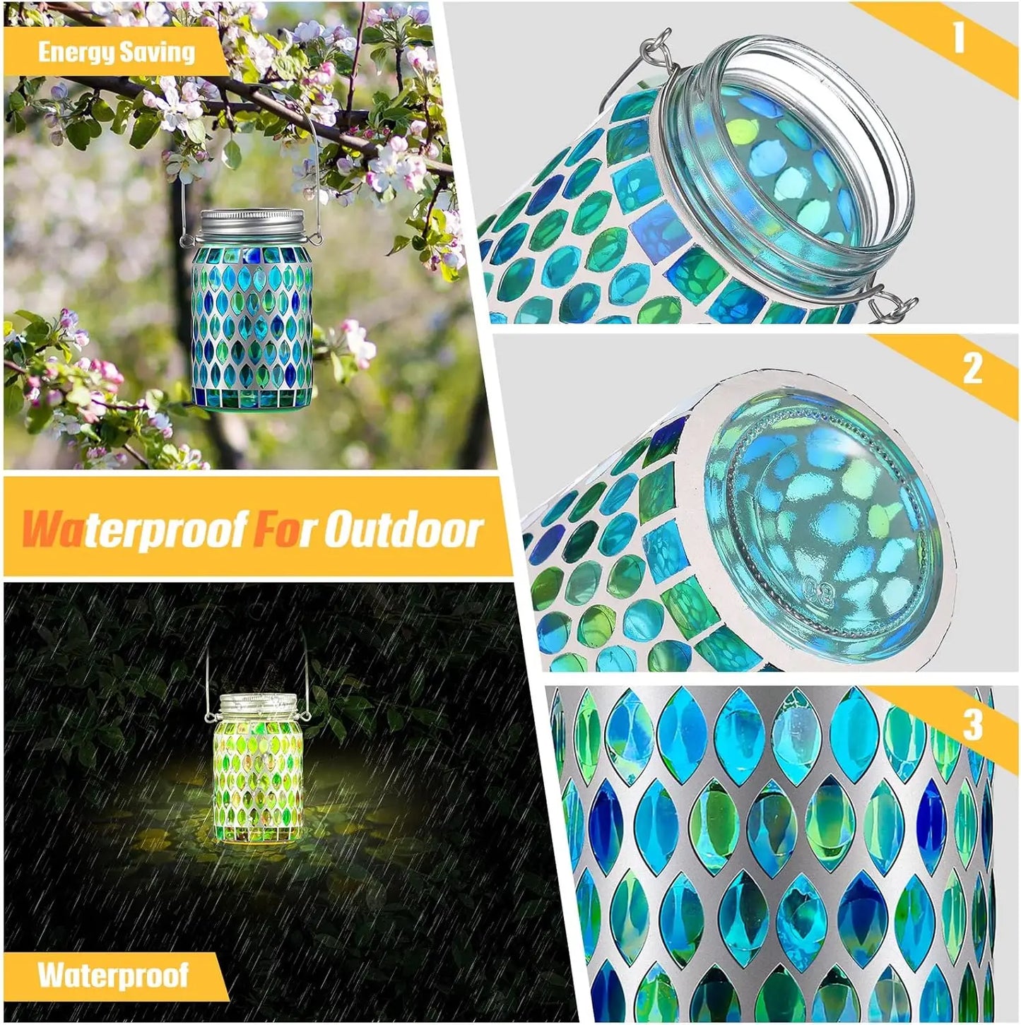 3-Piece Solar Mosaic Lights, Waterproof Outdoor Hanging Lantern for Garden, Patio, Yard Decor (Blue)