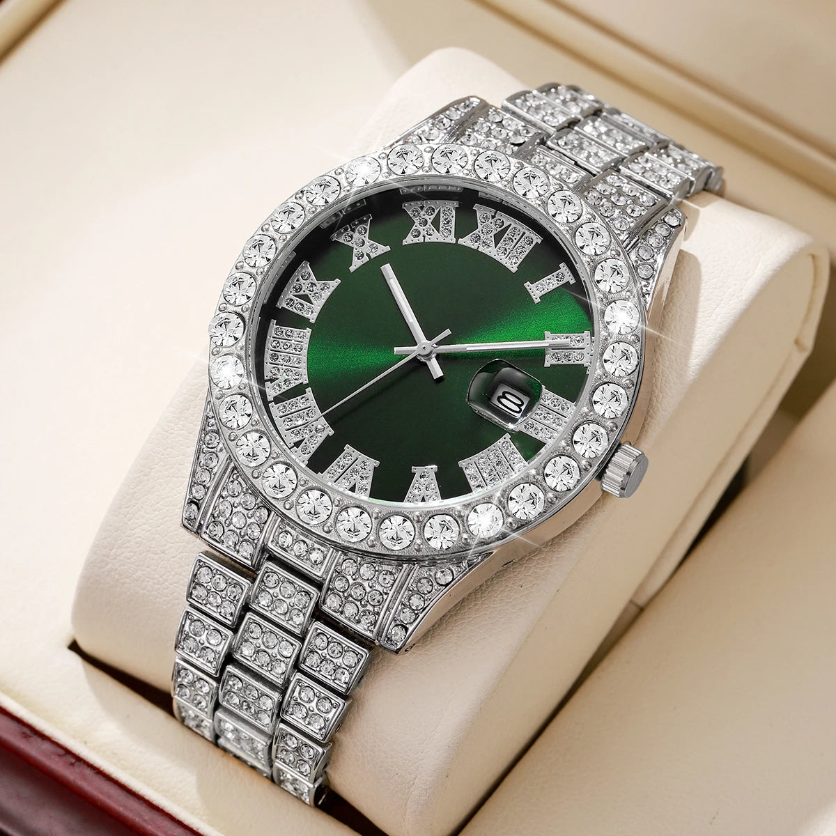 Fashion Full Diamond Men's Watch Stainless Steel Band Male Quartz Wristwatches Date Calendar Watches