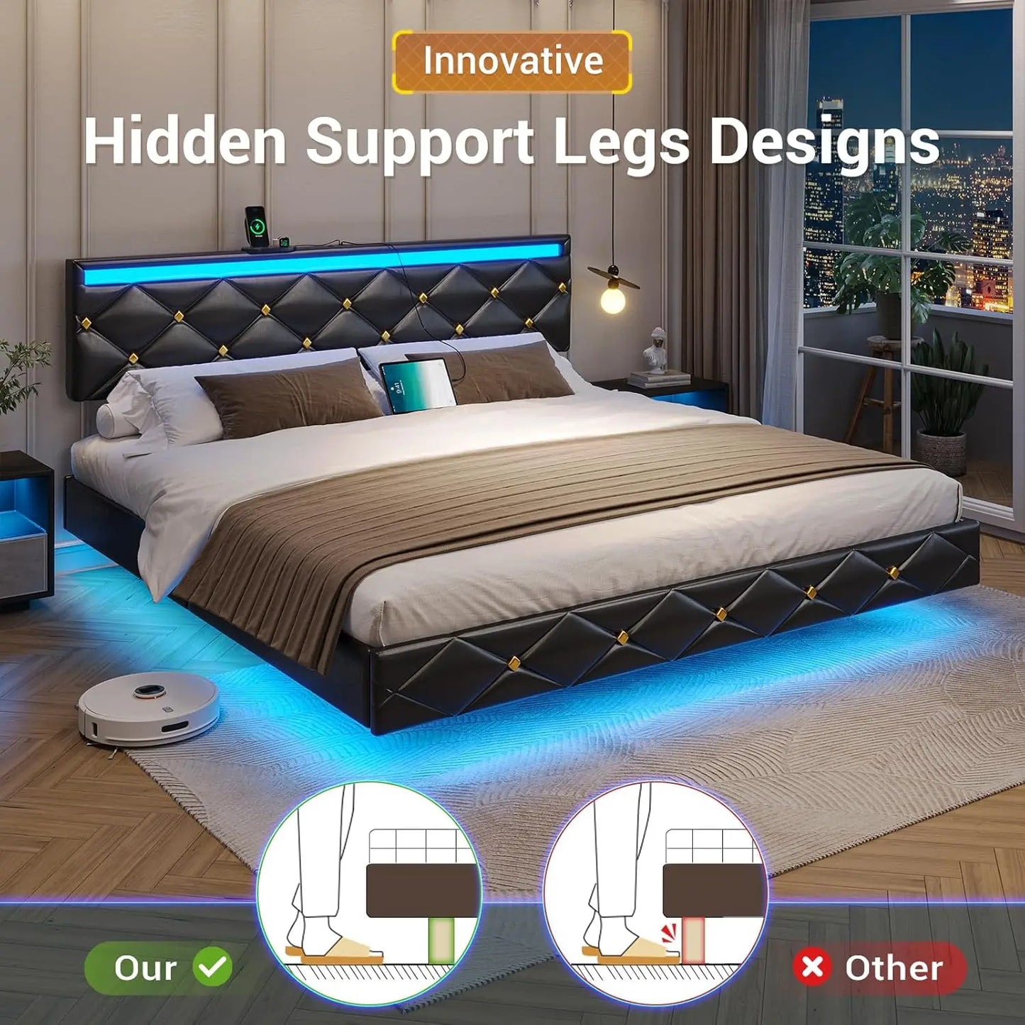 Floating Bed Frame King Size with LED Lights and Charging Station, Modern King Platform Bed with Vegan Leather Upholstered