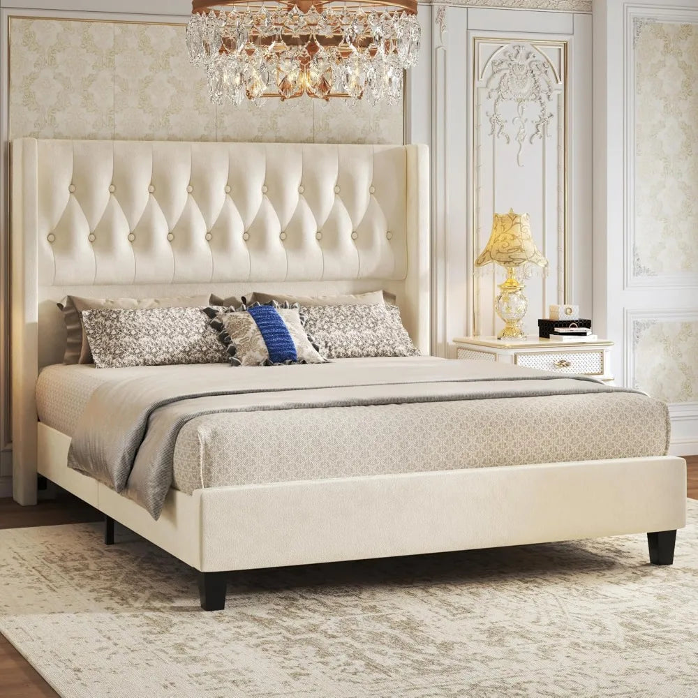 HISOFT Queen Bed Frame, Velvet Upholstered Queen Platform Bed with 48.8" Tall Wingback Headboard, Button Tufted, No Box Spring N