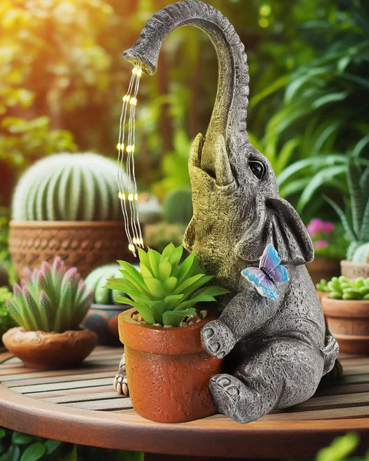 Solar-Powered Resin Elephant Garden Statue with Water Fountain & Light - Durable Outdoor Patio Decor