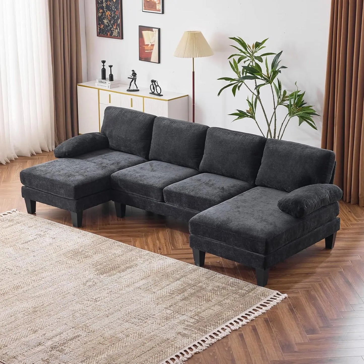 110" Sectional Couches for Living Room,U Shape Couch with Double Chaise, 4-Seat Sofa Set with Chenille Fabric for Home Furniture