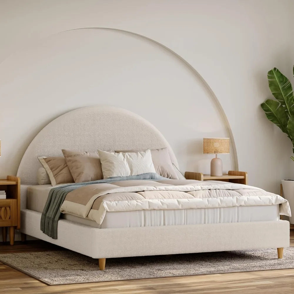 DG Casa Boucle Cloud Bed Frame with Arch Shaped Headboard, Upholstered in Soft Fabric, Platform Bed Frame with Solid Wood Legs -