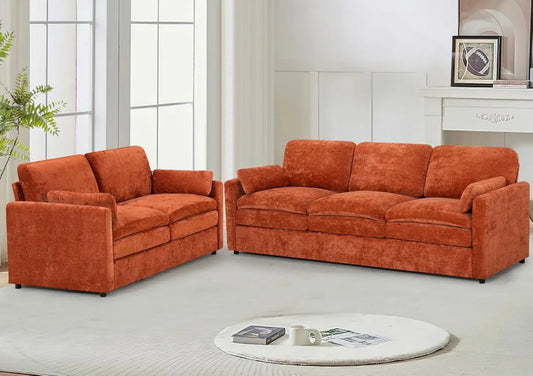 Modern 3 Seater  Sofa with Upholstered Cushions, 2 Pieces  Couch with Soft and Thickened Seats for Living Room, Office, Orange