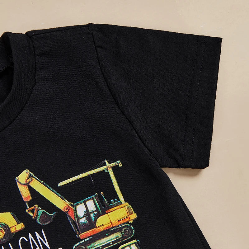 Boys Summer Outfit Sets with Short Sleeve O Neck Truck Print Tops and Solid Color Shorts - Casual and Cool Summer Wear for Boys