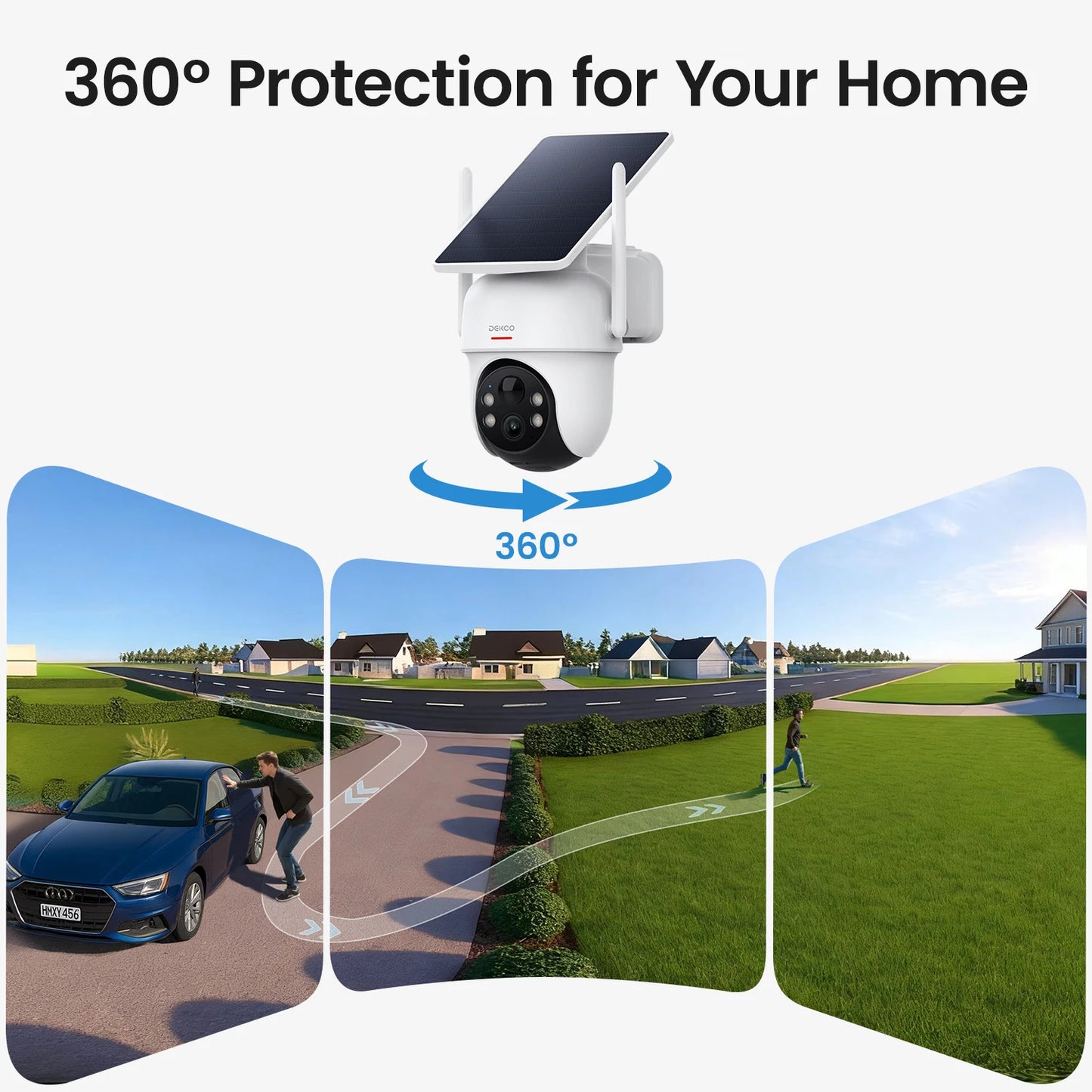 Dekco 3MP Solar Camera System 4 Cams Kit 5000mAh Battery Wireless 360° PTZ Surveillance Wifi Camera Set Support Alex 2-way Audio